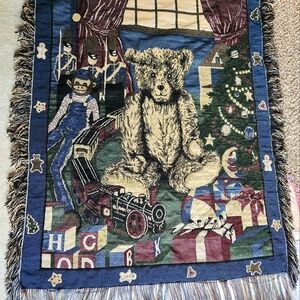 NAVY BLUE NICE FRINGE TEDDY BEAR HOLIDAY BLANKET
